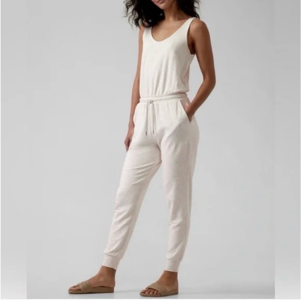 Athleta Balance Jumpsuit Toasted Brown Cream Heather Soft Lounge Romper Large